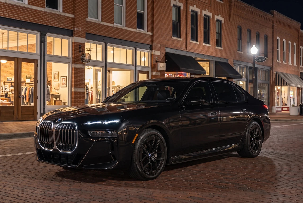 Black BMW 7 Series based on the uploaded vehicle photo, enhanced and placed in an illustrative Bentonville nighttime setting