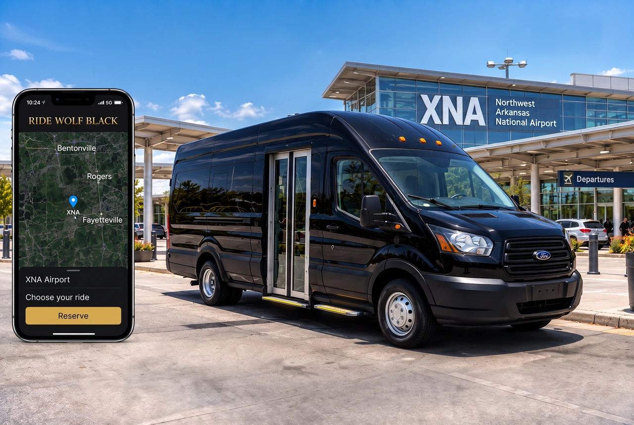 Illustrative Ride Wolf Black phone app beside the original black Ford Transit VIP shuttle at the sunlit XNA terminal, adapted from the supplied airport reference
