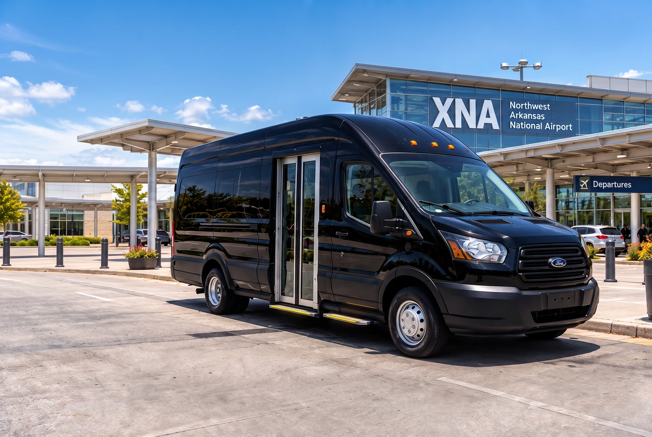 Original right-facing black Ford Transit VIP shuttle with glass passenger entry doors and polished wheels at a sunny XNA airport, adapted from the supplied reference