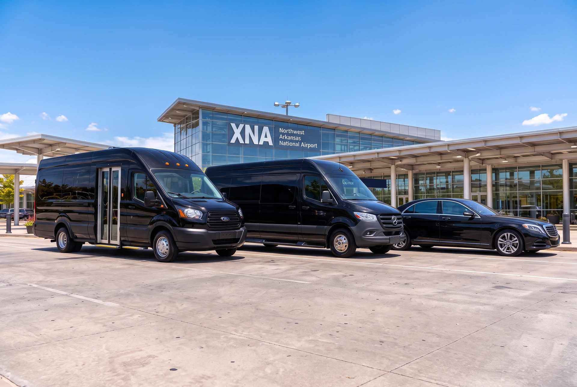Original right-facing black Ford Transit VIP shuttle with glass entry doors and polished wheels, Mercedes-Benz Sprinter and Mercedes-Benz luxury sedan at a sunny XNA airport, in an AI-edited lineup based on the supplied reference